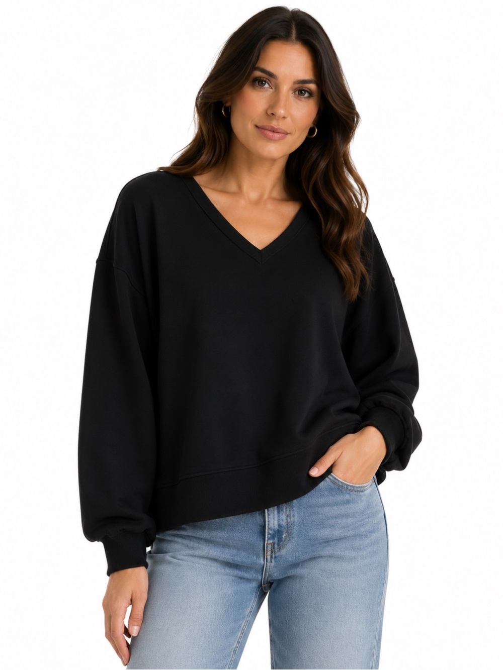 ANRABESS Black V-Neck Long Sleeve Relaxed Fit Sweatshirt Size L Minimalist